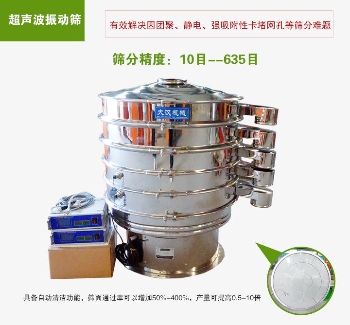 超聲波振動篩具備自動清潔功能，篩面通過率可以增加50%-400%，產(chǎn)量可提高0.5-10倍