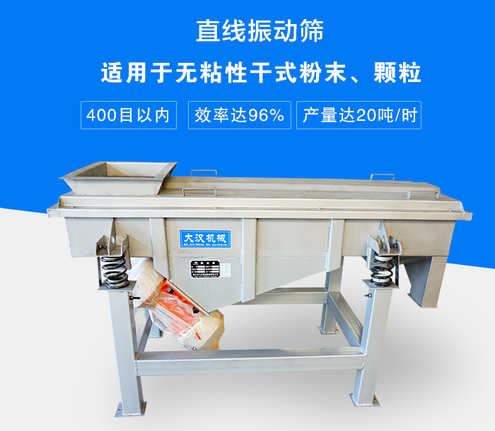 直線振動篩適用于無粘性干式粉末、顆粒，產(chǎn)量達(dá)20噸/時