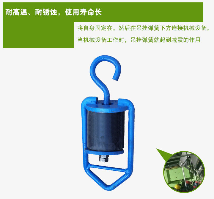 吊掛彈簧將自身固定在，然后在吊掛彈簧下方連接機械設備， 當機械設備工作時，吊掛彈簧就起到減震的作用