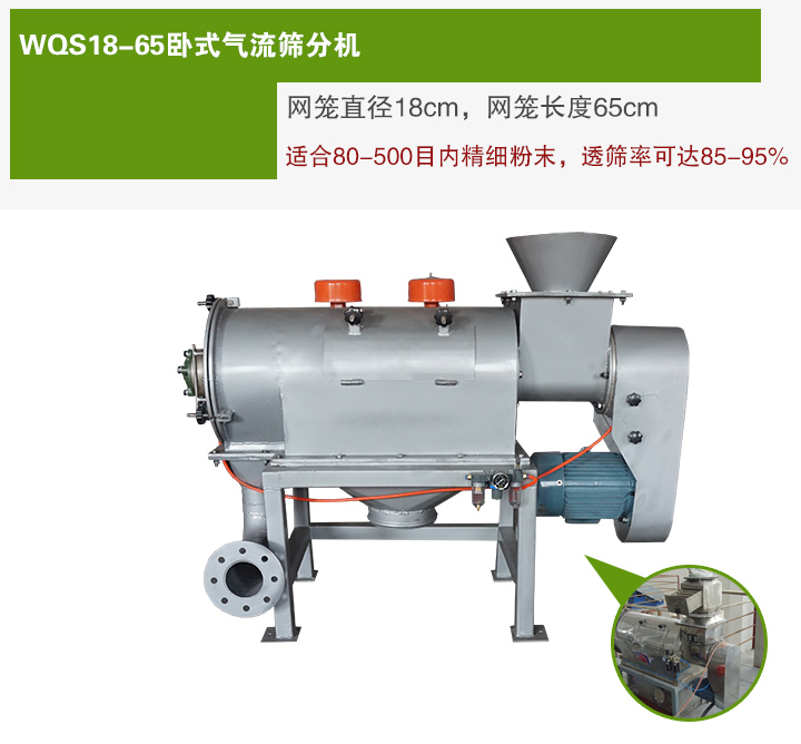 WQS18-65臥式氣流篩分機(jī)網(wǎng)籠直徑為18cm，網(wǎng)籠長(zhǎng)度為65cm